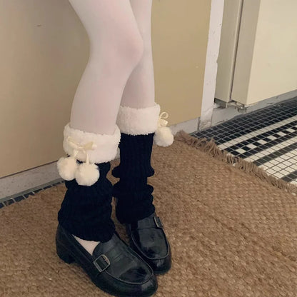 Autumn Winter Lolita Leg Warmers Socks with Ball Knitted Warm Foot Cover White Black Grey Warmer Lady Crochet Sock Boot Cuffs