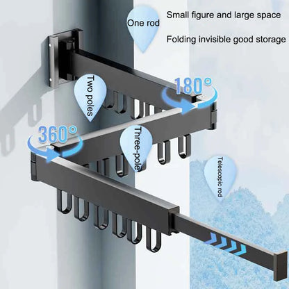 Wall Mount Folding Clothes Drying Rack With Retractable Extension Pole Reusable 3-Fold Clothes Drying Rack Home Space Saver