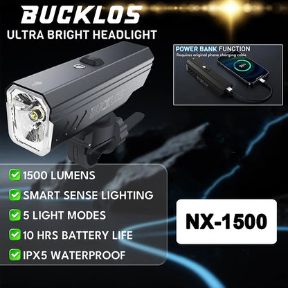 BUCKLOS Smart Sensor Bike Light Aluminum Alloy Headlight Cycling Waterproof Type-C Rechargeable Front Lamp Bicycle Accessories