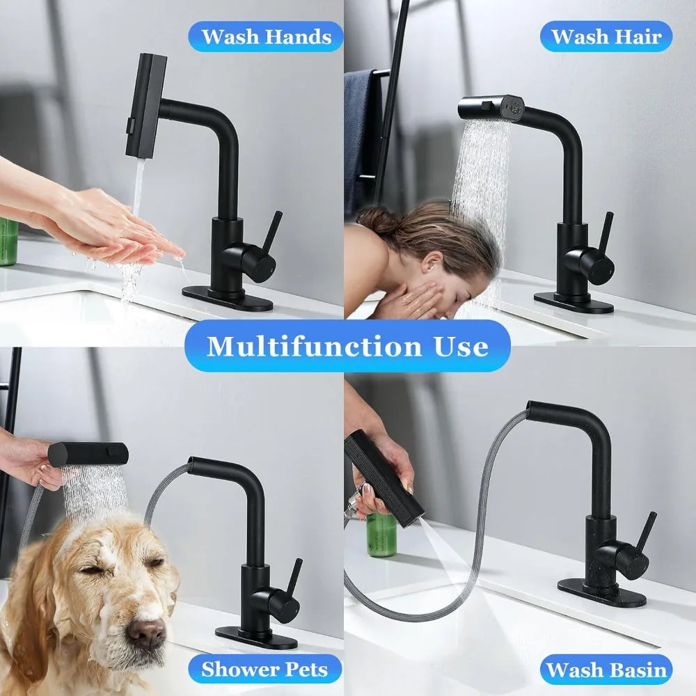 Modern Single Handle Pull Down Sprayer Bathroom Faucet with 3 Modes and Pop-Up Drain, Deck-Mounted Sink Mixer for Contemporary S