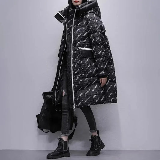 Black Letter Print Down Jacket Women's Mid length Winter 2025 New White Duck down Hooded Thick Coat Female Warm Parka Overcoat