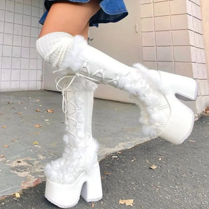 2024 Winter Big Size 43 y2k White Punk Style Women's Faux Fur Chunky Platform Boots Gothic Black Block High Heels Shoes