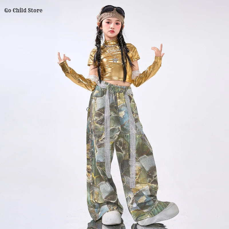 Girls Hip Hop Shiny Golden Crop Top Patchwork Jeans Pants Kids Streetwear Child Jazz Girl Group Costumes K-pop Retro Clothes Set