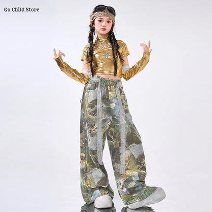 Girls Hip Hop Shiny Golden Crop Top Patchwork Jeans Pants Kids Streetwear Child Jazz Girl Group Costumes K-pop Retro Clothes Set