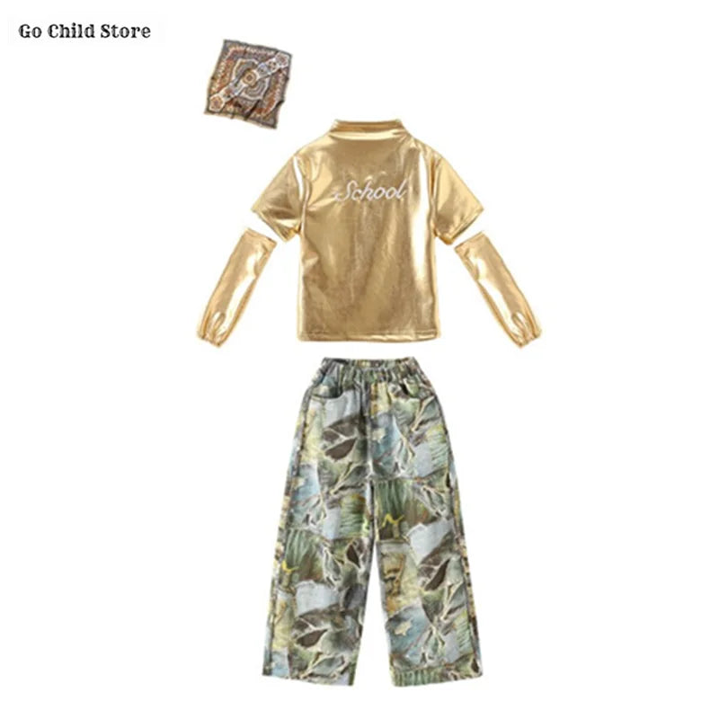 Girls Hip Hop Shiny Golden Crop Top Patchwork Jeans Pants Kids Streetwear Child Jazz Girl Group Costumes K-pop Retro Clothes Set
