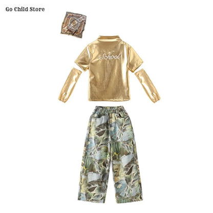 Girls Hip Hop Shiny Golden Crop Top Patchwork Jeans Pants Kids Streetwear Child Jazz Girl Group Costumes K-pop Retro Clothes Set