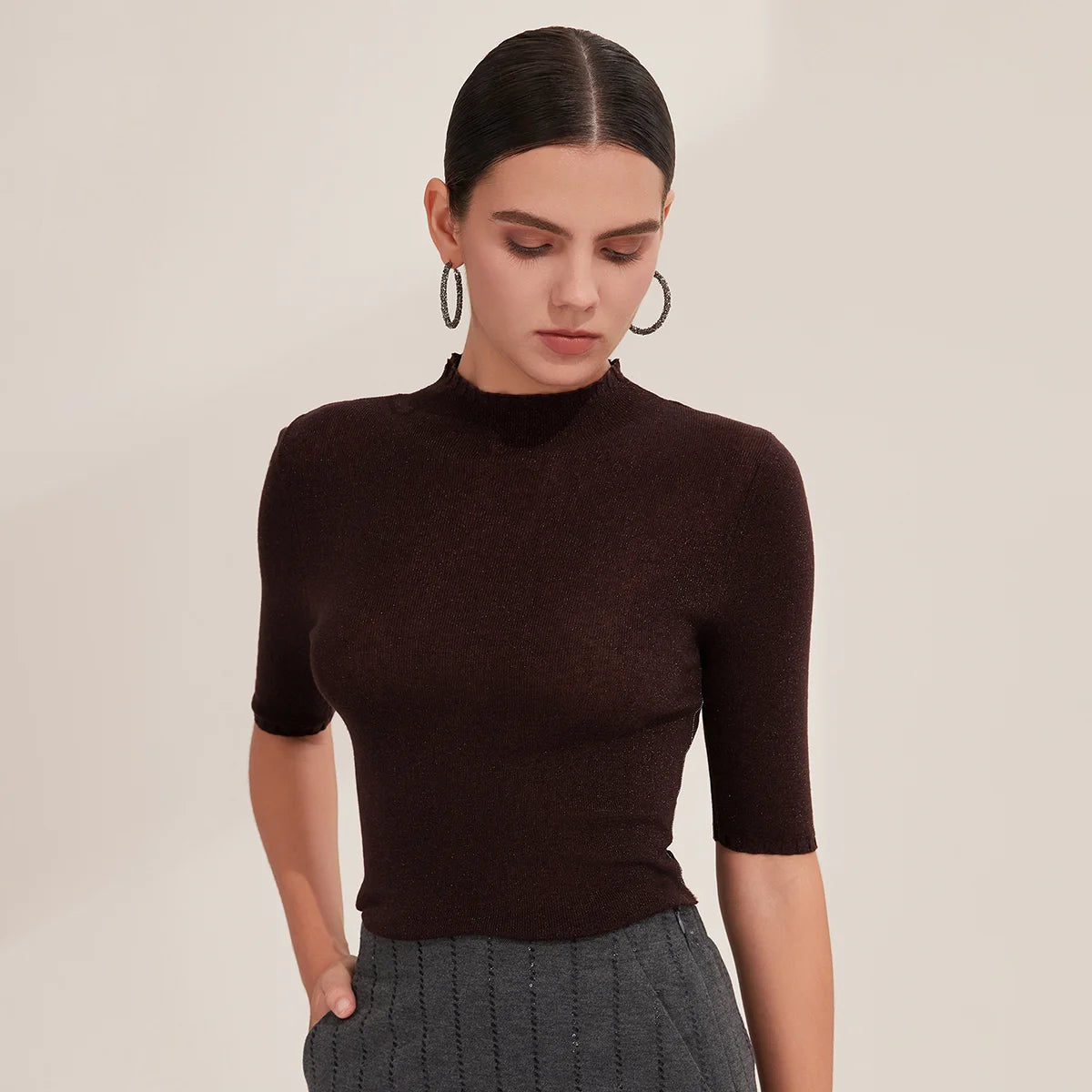 BY3521265 Women's Superfine Merino Wool Knit Top Half Sleeve Crew Neck Slim Fit Pullover Sweater