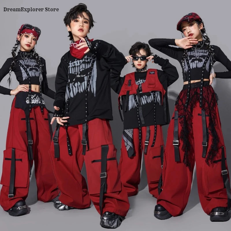 Boys Hip Hop Fashion Sweatshirt Vest Street Dance Cargo Pants Girls K-pop Top Jazz Costume Children Clothes Sets Kids Streetwear