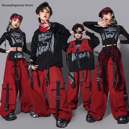 Boys Hip Hop Fashion Sweatshirt Vest Street Dance Cargo Pants Girls K-pop Top Jazz Costume Children Clothes Sets Kids Streetwear