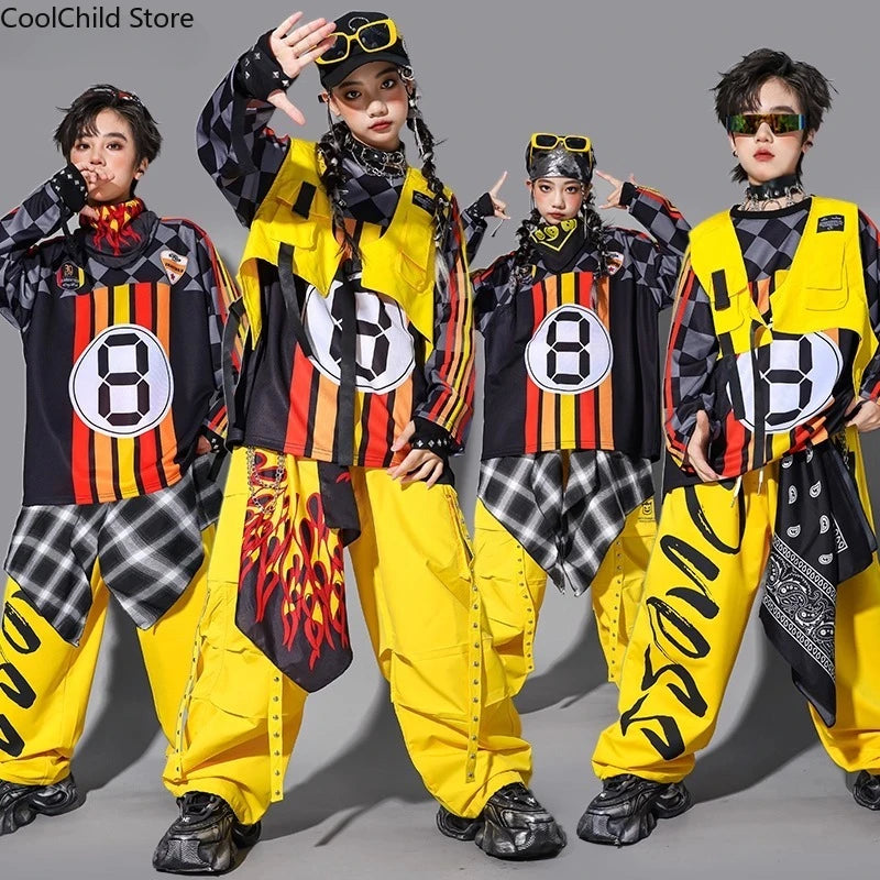 Hip Hop Children Cool Numbers Sweatshirt Vest Street Dance Cargo Pants Girls K-pop Jazz Costume Boys Clothes Set Kids Streetwear
