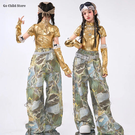 Girls Hip Hop Shiny Golden Crop Top Patchwork Jeans Pants Kids Streetwear Child Jazz Girl Group Costumes K-pop Retro Clothes Set