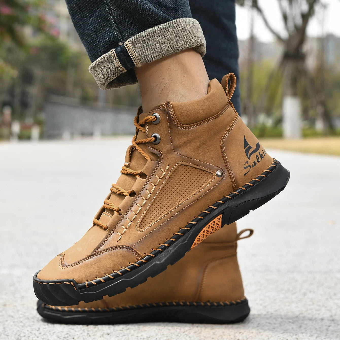 Hand-stitching Casual Leather Shoes Men Boots Outdoor Autumn Retro Breathable Casual Shoes Lace Up Blue Ankle Boots Winter