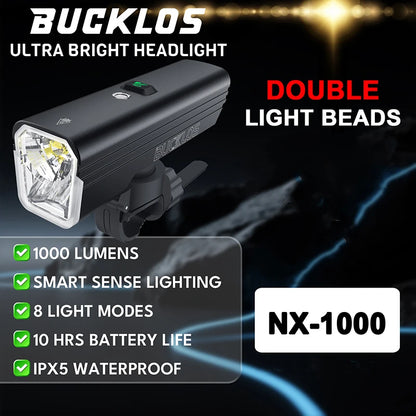 BUCKLOS Smart Sensor Bike Light Aluminum Alloy Headlight Cycling Waterproof Type-C Rechargeable Front Lamp Bicycle Accessories