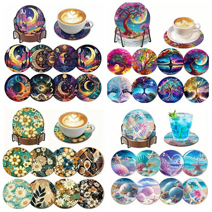 8pcs/Set DIY Diamond Painting Coasters with Holder Anti Slip Wood Drip Mats Crystal Rhinestones Diamond Art Coasters for Adults