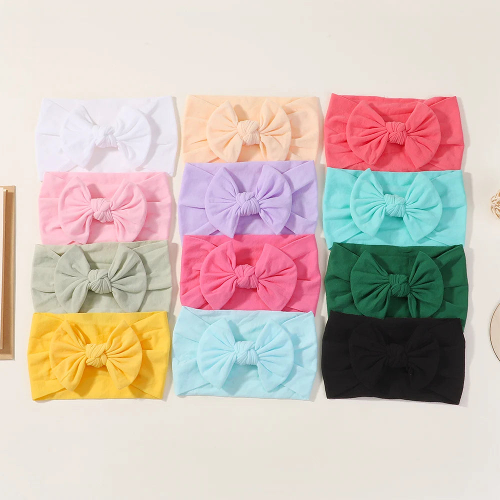 12Pcs Spring Solid Color Baby Headbands Soft Nylon Bowknot Casual Hair Accessories 3.5inch Bowties Protect Headdress for Kids