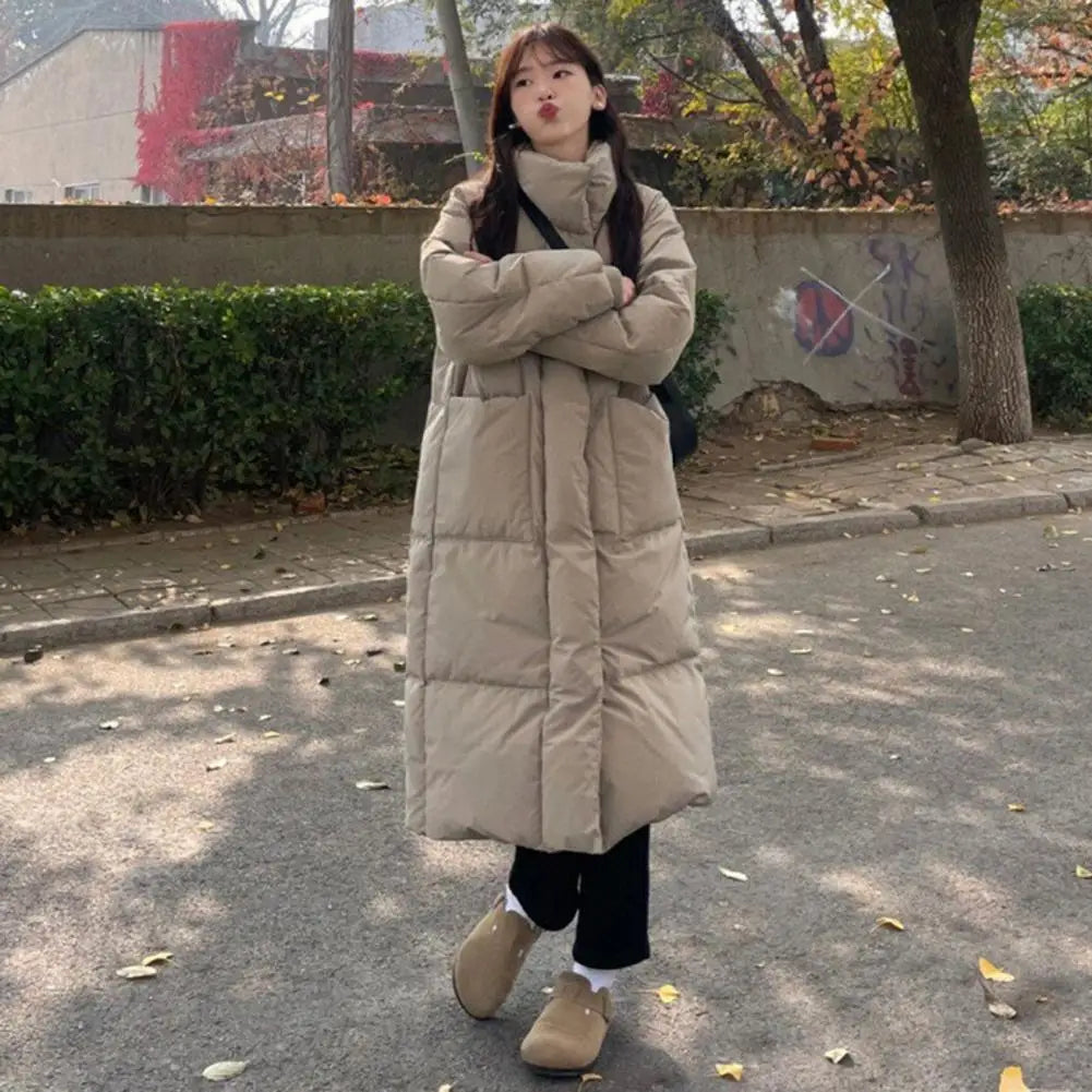 Winter Down Coat Thickened Padded Stand Collar Knee Length Pockets Cotton Jacket Zipper Closure Windproof Women Down Coat Parkas