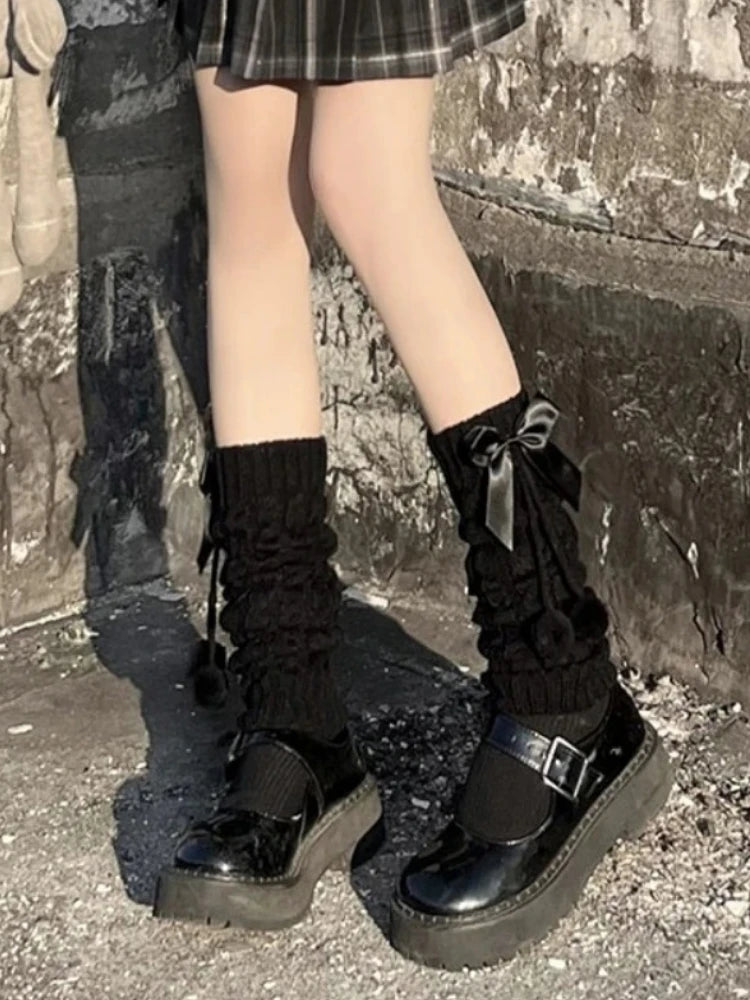 Preppy Style Knitted Leg Warmers Winter Japanese Style Warm Lolita JK Bowknot Socks Slimming Fashion Leg Covers