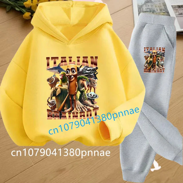 Tralalero Tralala Tung Tung Tung Funny Italian Brainrot Kids Clothes Boys Hoodie+Pants 2pcs Set Girls Tracksuit Children Outfits