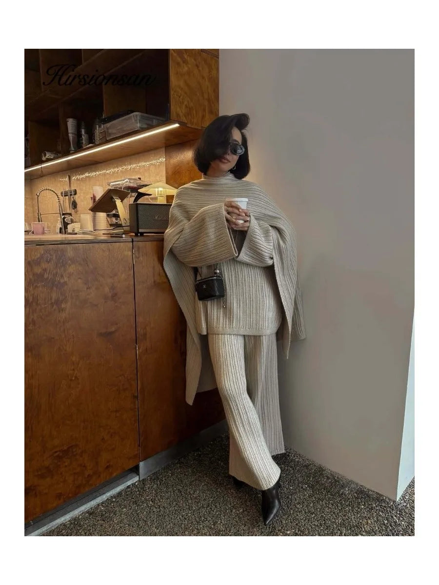 Hirsionsan Soft Elegant Vintage Women Suits 3 Pieces Female Sets O Neck Sweater & Wild Leg Pants with Scarf Knitted TrackSuit