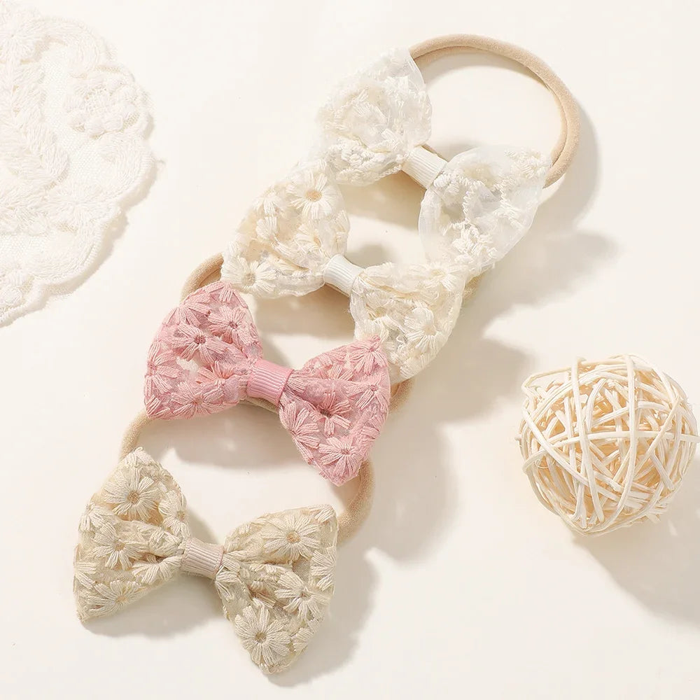 4pcs Baby Girls Embroidered Lace Bows Headband Set Newborn Floral Elastic Hairband Bow Headwear Kids Hair Accessories