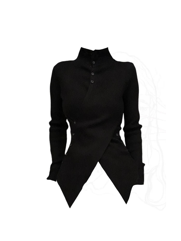 Camisola de mulher gótica preta de malha, estilo harajuku, coreano, Y2K, gola alta, manga comprida, camisola vintage, roupa dos anos 2000