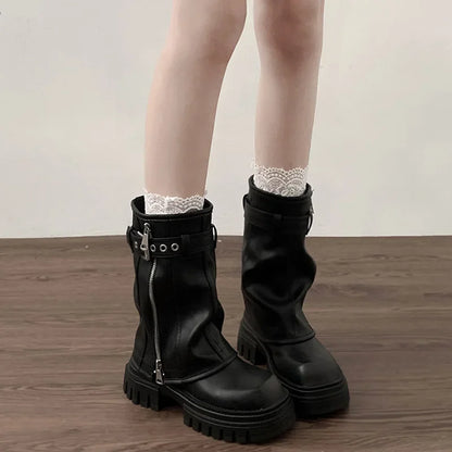Winter Women Biker Boots Fashion Belt Buckle Ladies Elegant Platform Flats Short Booties Casual Women's Knight Booties