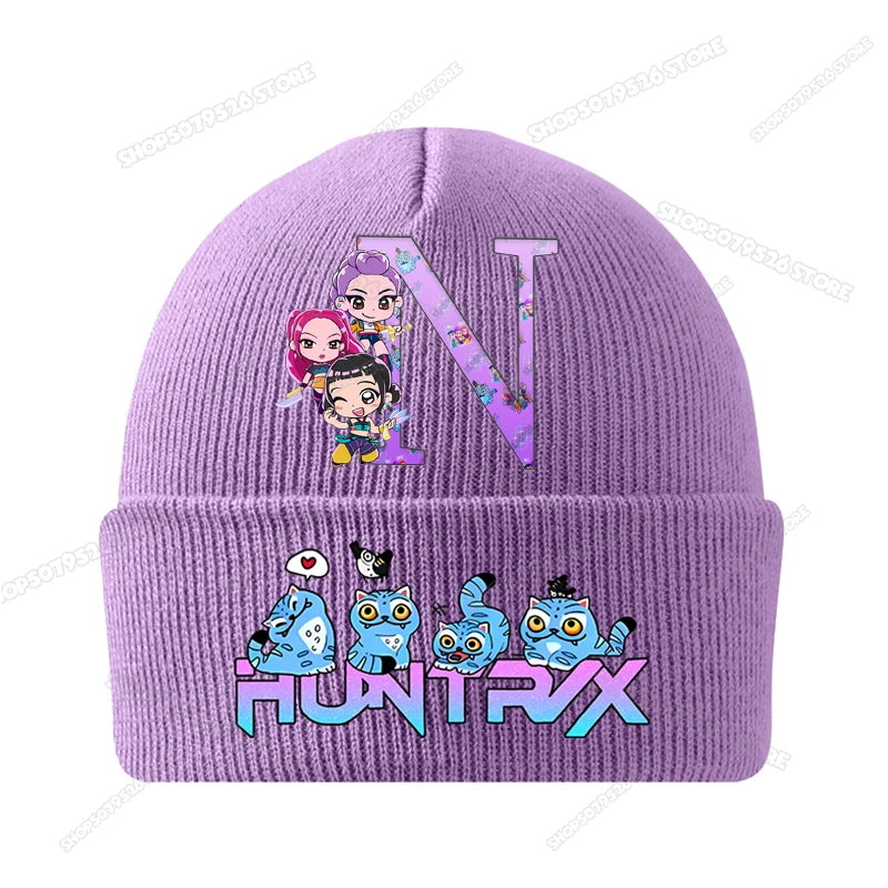 Kpop Demon Hunters Letter A-Z Knitted Hat Cartoon Music Girl Beanies Cap Kids Winter Warm Bonnet Cartoon Toddler Skullies Beanie