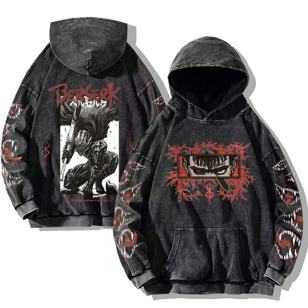Mens Berserk Hoodies Gothic Print Vintage Washed Hoodie Hip Hop Streetwear Cotton Sweatshirts Harajuku Casual Hooded Pullover