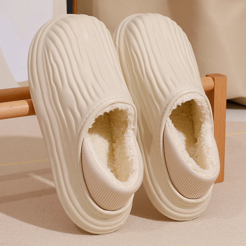 New EVA Short Plush Waterproof couples Slippers Winter  Warm striped  women Cotton Shoes Soft Thick Comfort Home floors Slides