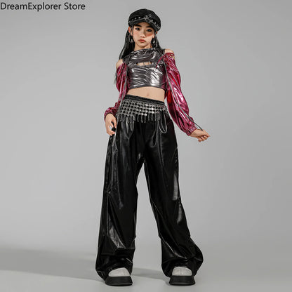 Girls K-pop Fashion Shiny Crop Top Hoodies Street Dance Pants Child Hip Hop Jazz Streetwear Clothes Sets Kids Girl Group Costume