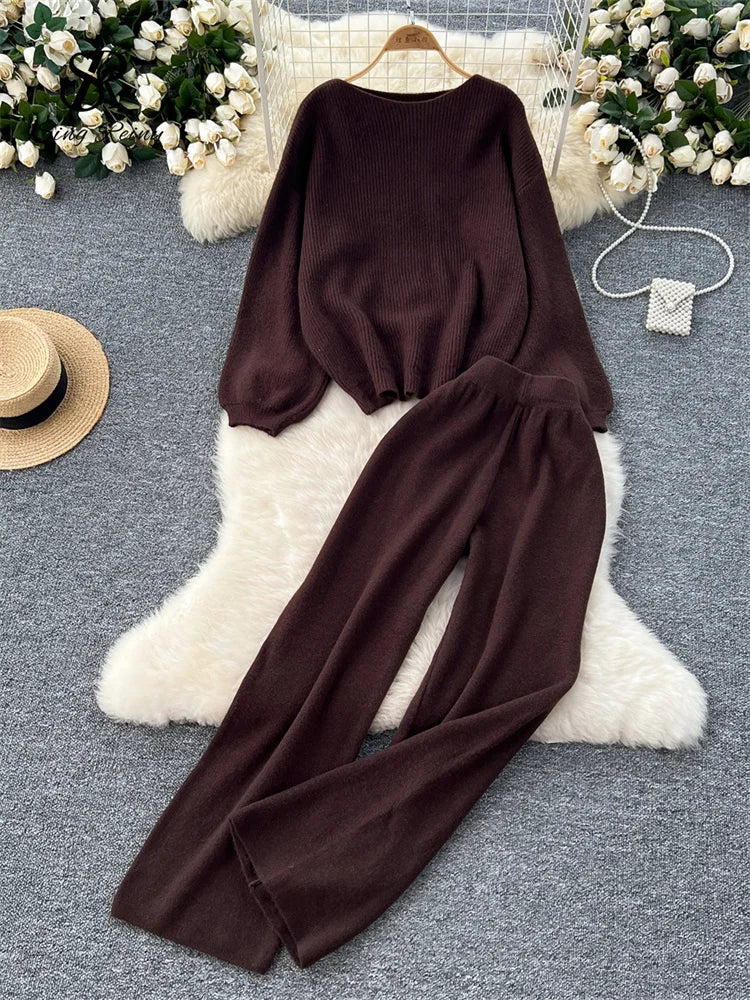 SINGREINY 2025 Winter Thick Women Suits Loose Sweater Tops+High Waist Wide Legs Long Pants Autumn Solid Causal Warm 2 Piece Sets