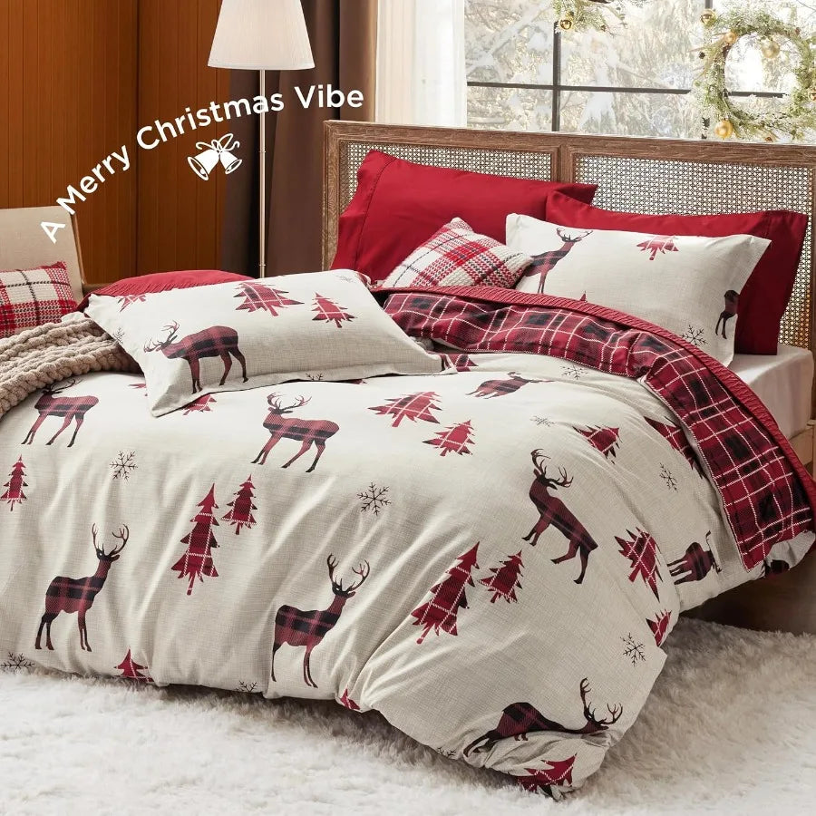 Christmas Duvet Cover Queen Reversible Buffalo Check Printed Plaid Bedding Set for Holiday Home Decor 3Piece Set with 2 Pillow