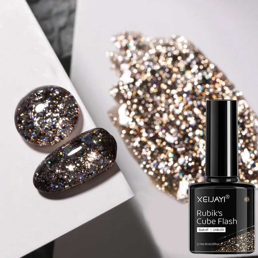 Esmalte em gel com glitter de 6 cores e 8 ml, prata, ouro rosa, lantejoulas coloridas, verniz em gel semipermanente, arte em unhas em gel UV, laca a laser