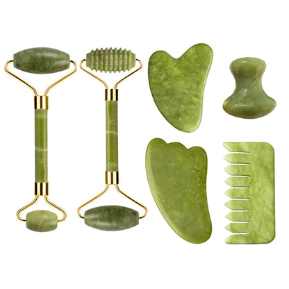 Natural Jade Roller Gua Sha Set – Facial & Body Massage Anti-Aging Lifting Spa Tools