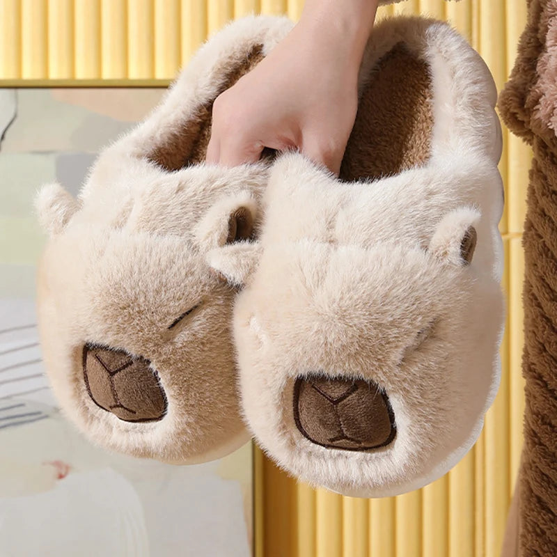 Cute Cartoon Capybara Cotton Slippers Women 2025 Winter Soft Thick Bottom Indoor Couple Slides Warm Faux Fur Bedroom Slippers