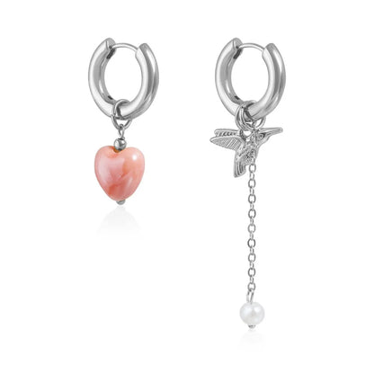 Retro Trendy Geometric Stereo Pink Heart-shaped Bird Pearl Tassel Asymmetrical Dangle Earrings for Women Jewelry Accessory Gifts