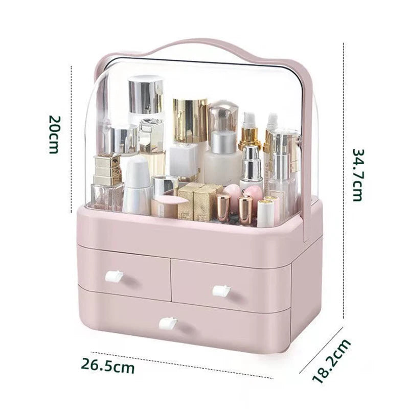 Luxury Dustproof Cosmetic Organizer with Lid & Drawer – Waterproof Vanity Storage Box for Makeup & Skincare