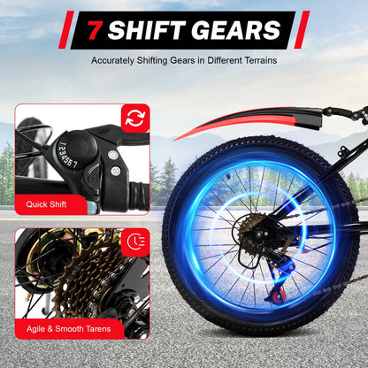 20" Red Mountain Bike for Kids, Adjustable Seat, Multi-speed Gear System, Front and Rear Brakes, Water Cup Holder