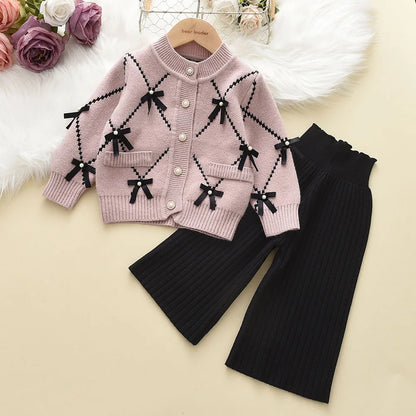 Bear Leader Bow Baby Sweatshirt + Pants 2pcs Set New Children Knitting Outfit for 2-6Years Kids Tracksuit Winter Girls Clothes
