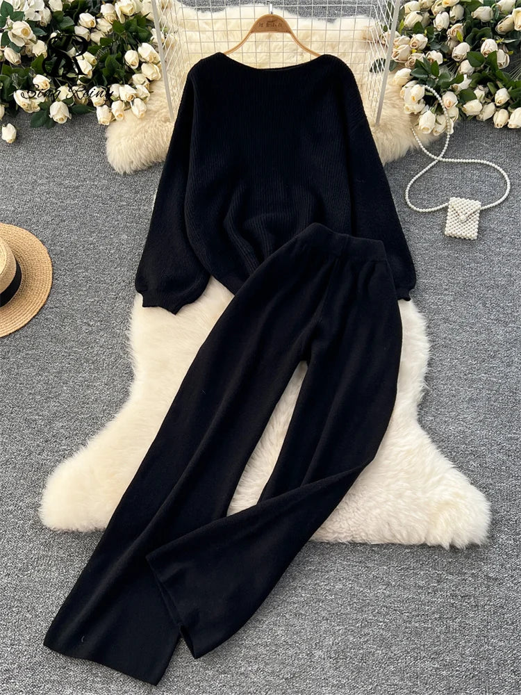 SINGREINY 2025 Winter Thick Women Suits Loose Sweater Tops+High Waist Wide Legs Long Pants Autumn Solid Causal Warm 2 Piece Sets