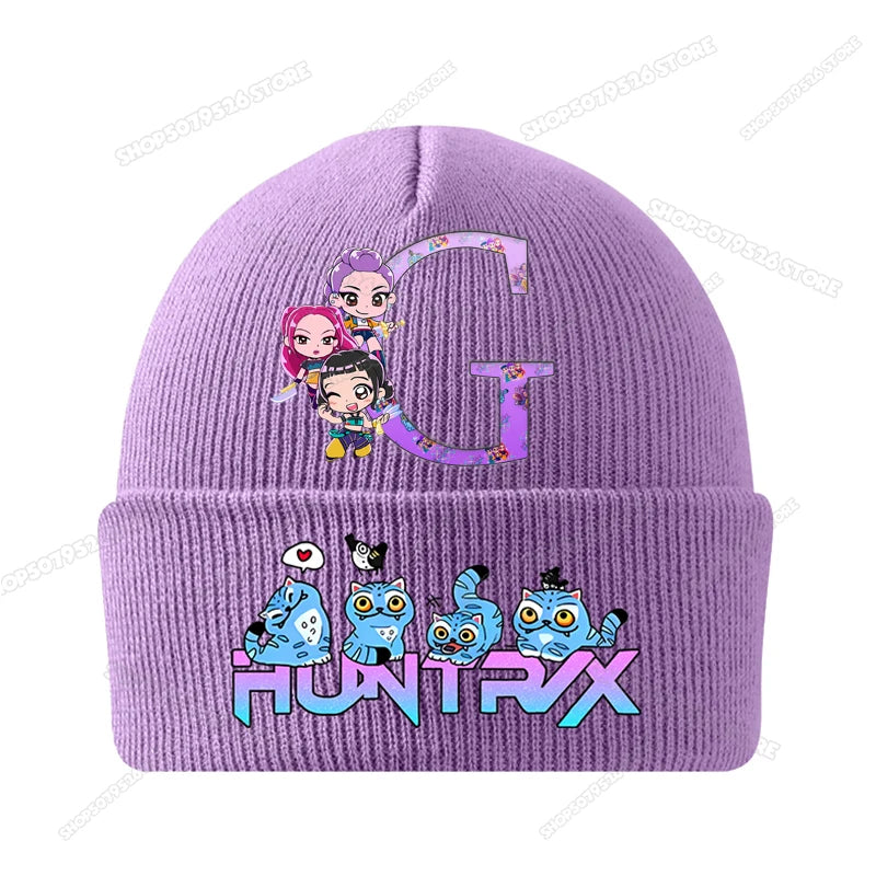 Kpop Demon Hunters Letter A-Z Knitted Hat Cartoon Music Girl Beanies Cap Kids Winter Warm Bonnet Cartoon Toddler Skullies Beanie