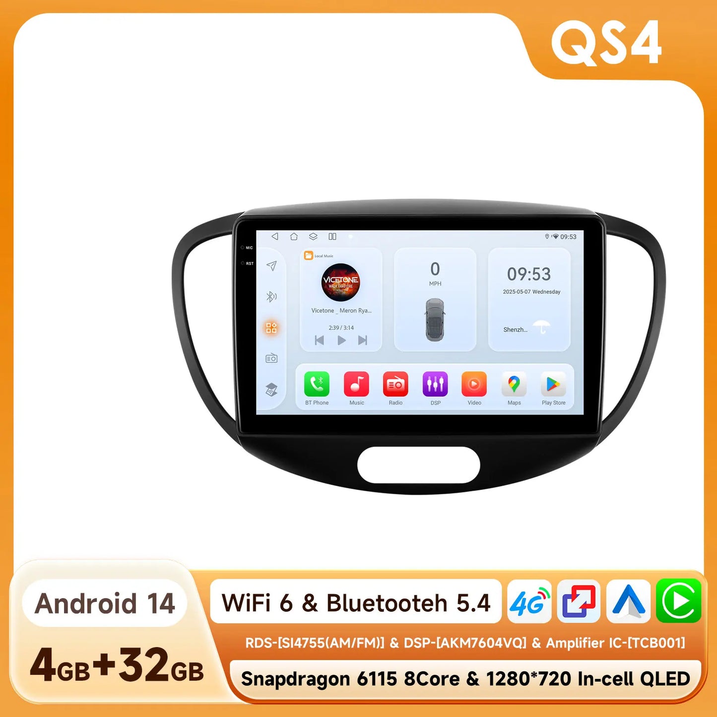 Hizpo 2Din 9inch Android13 Car Radio for Hyundai i10 2007- 2013 BT 4G Auto CarPlay Navi GPS RDS DSP UI7862 Intelligent System