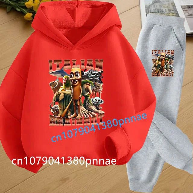 Tralalero Tralala Tung Tung Tung Funny Italian Brainrot Kids Clothes Boys Hoodie+Pants 2pcs Set Girls Tracksuit Children Outfits