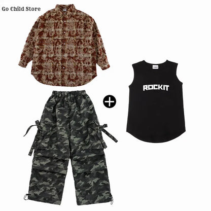 Girls Hip Hop Maillard Plaid Shirt Camouflage Cargo Pants Boys Street Dance Costumes Kids Jazz Clothes Sets Children Streetwear