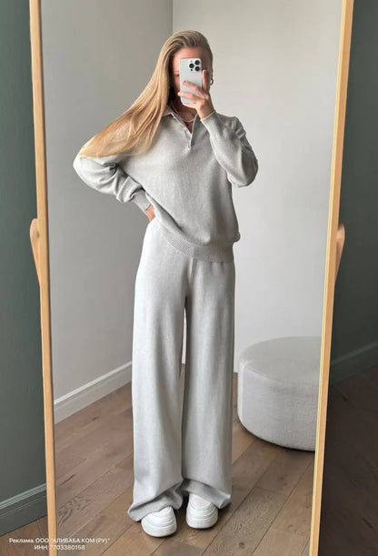 Hirsionsan Winter Thick Women Knitted Suits Soft 2 Pieces soft Female Sets Polo Neck Sweater & Wide Leg Pants Knitted Outfit