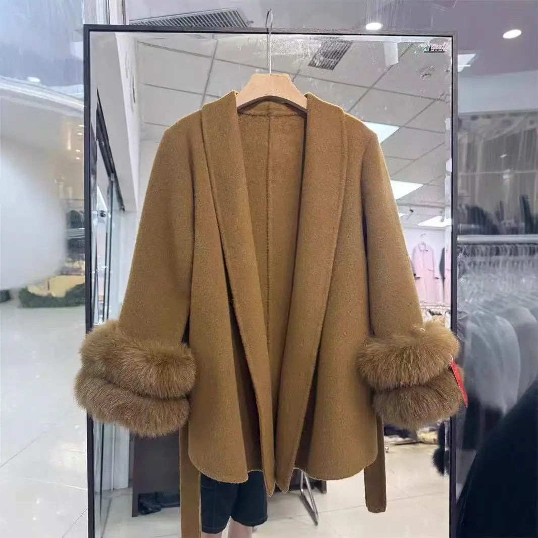 UCXQ Elegant OL Office Lady Overcoats Fur Patchwork Long Sleeve Woolen Coat Beautiful Women's Clothing Jacket Autumn 2025 Winter