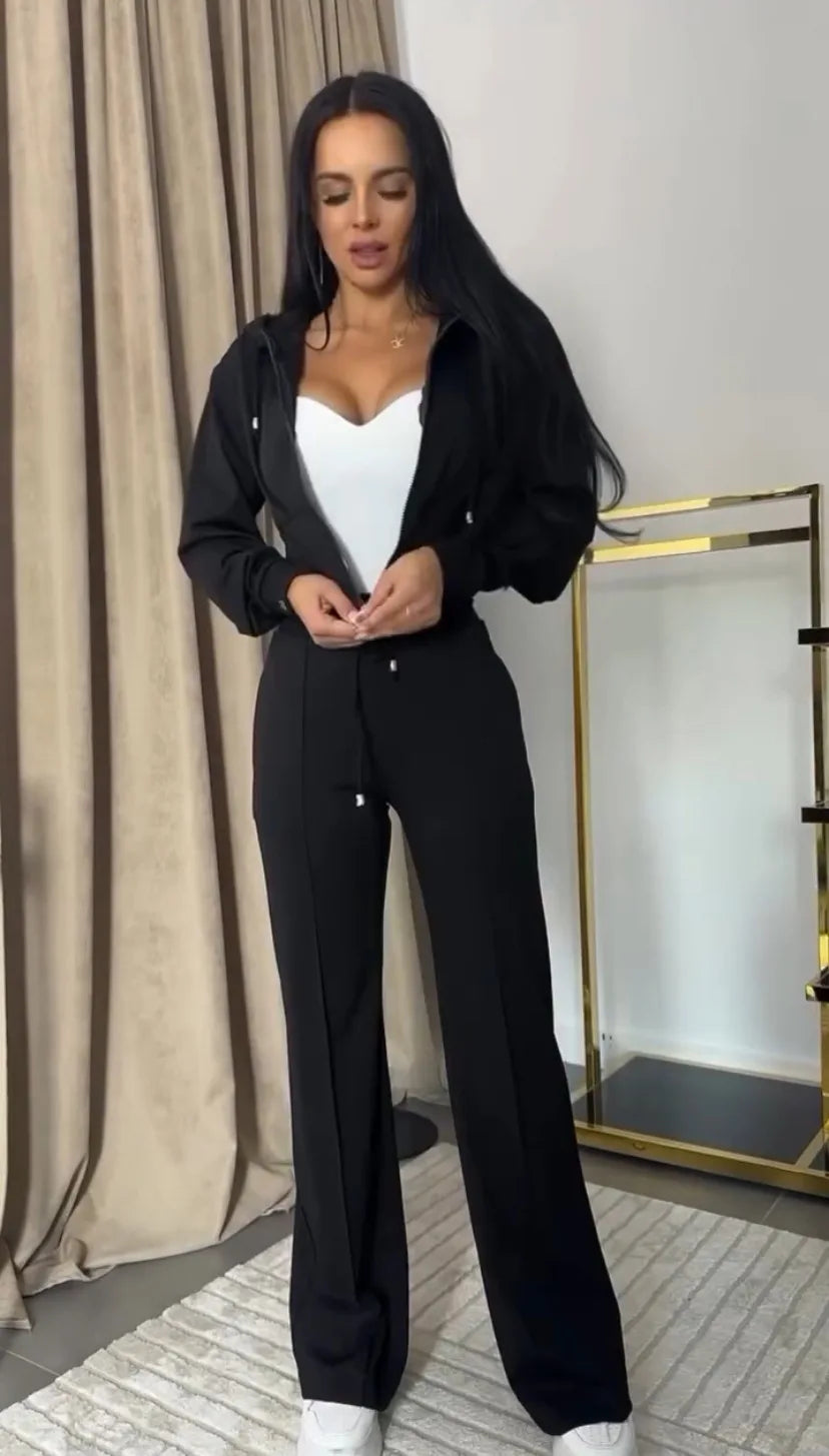 Conjunto de sweatshirt para mulher 2025, slim, cor sólida, fecho, manga comprida, calças largas, conjunto de 2 peças para mulher