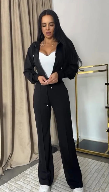 Conjunto de sweatshirt para mulher 2025, slim, cor sólida, fecho, manga comprida, calças largas, conjunto de 2 peças para mulher