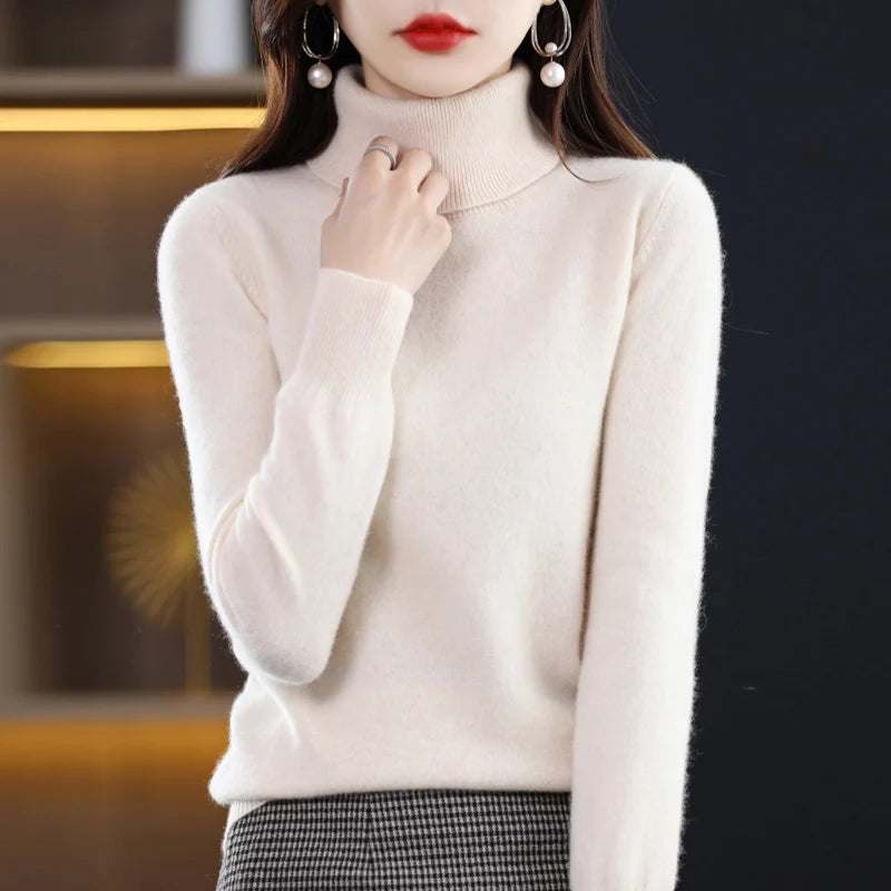100% Merino Wool Cashmere Sweater Women Knitted Sweater Turtleneck Long Sleeve Pullovers Autumn Winter Clothing Warm Jumper Tops