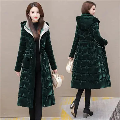 Thick Women's Windproof Long Mother's Down Cotton Coat Women's 2023 Winter Fashion Warm Slim Waist Wrapped Parka Hooded Lace-Up